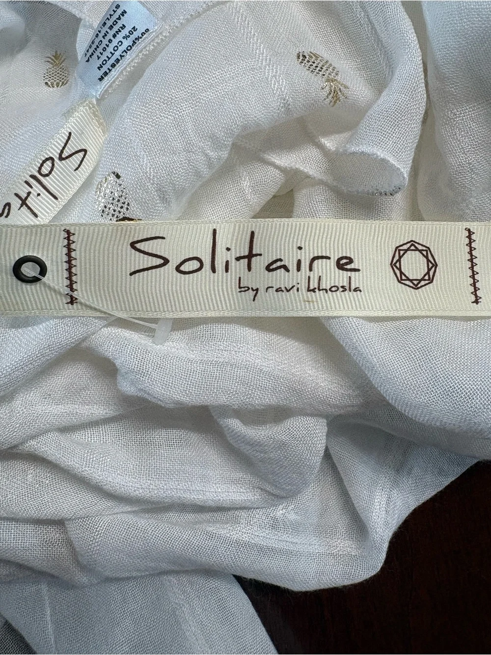 Solitaire Cream Scarf with Gold Pineapple Embroidery